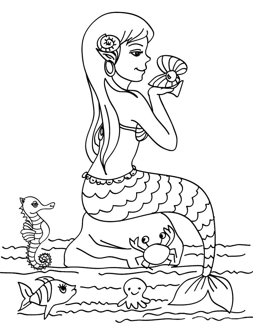 Includes images of baby animals, flowers, rain showers, and more. Coloring Page Mermaid With A Pearl