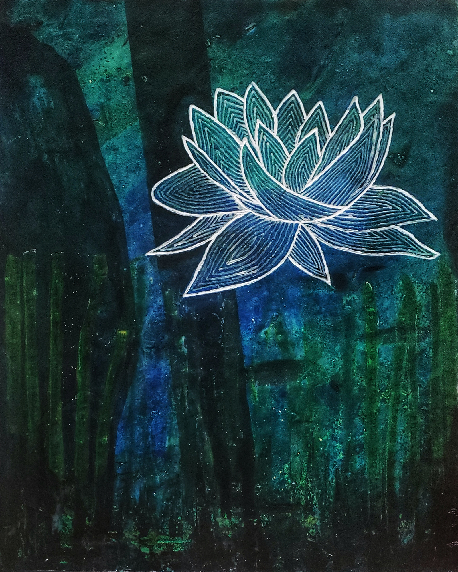 4. Eliaichi Kimaro | Water Lily | Encaustic, ink, silk organza | 16x20 | Min bid $325