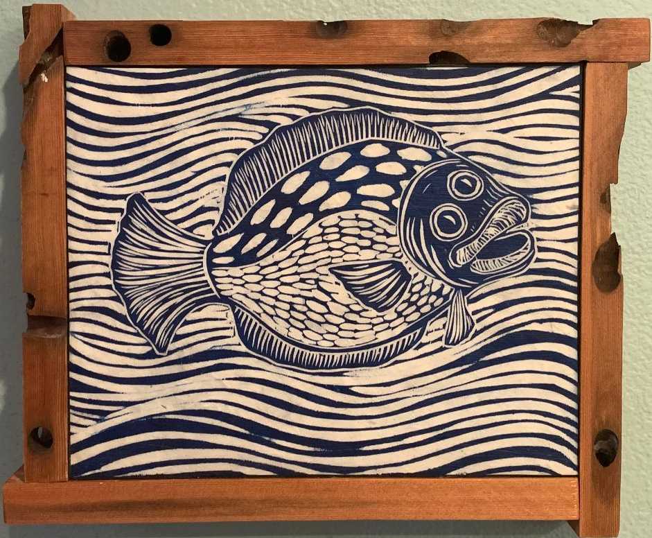 19. Leslie Moon | Just Keep Swimming | Woodcut print with Teredo clam wood frame | 12x10x1 3/4 | Min bid $80