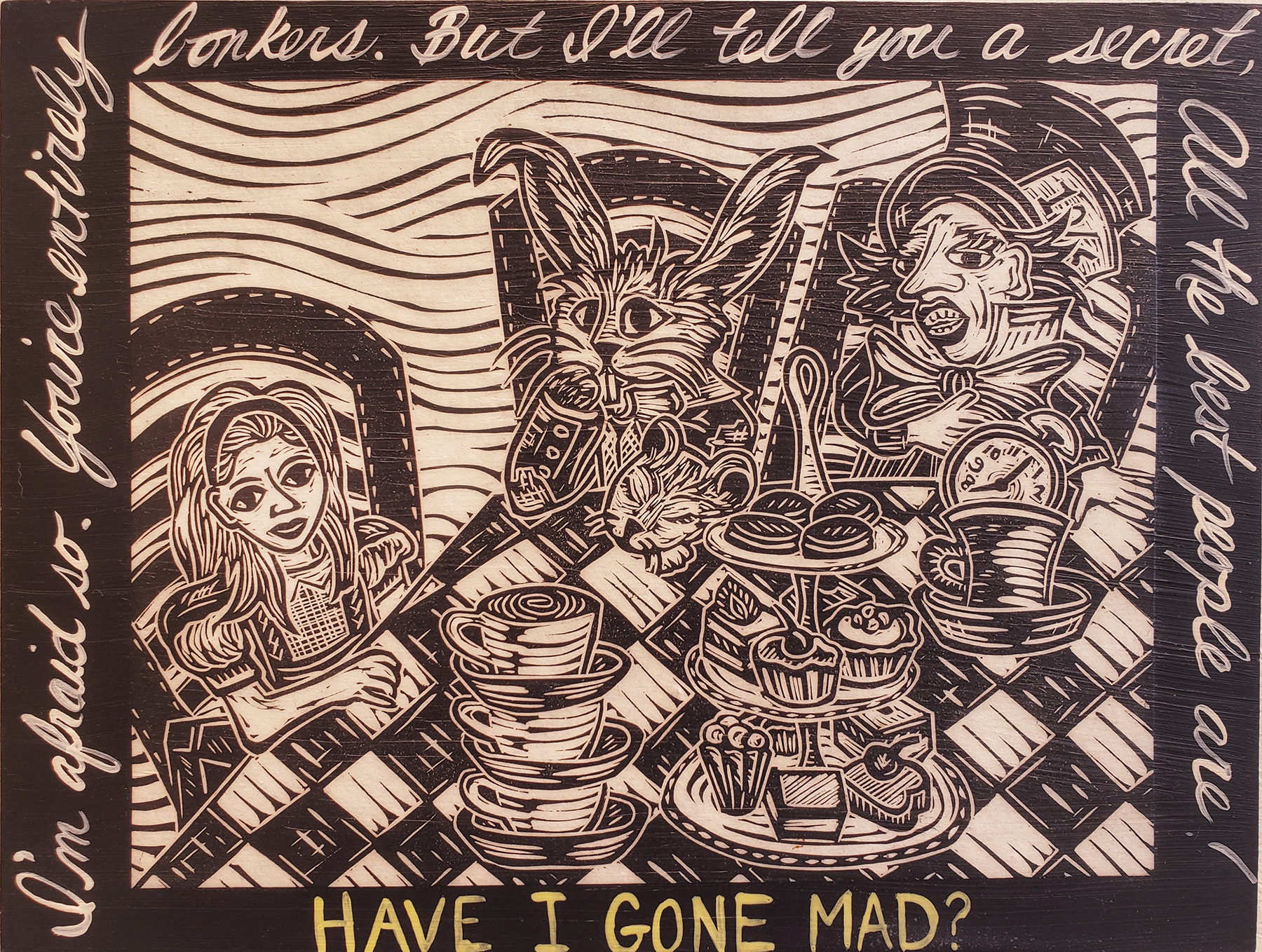 32. Leslie Moon | Mad Tea Party | Linocut, mixed media | 9x12 | Min bid $50