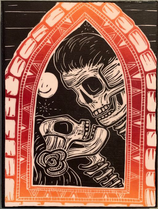 18. Leslie Moon | Through the Window | Jigsaw linocut | 6x8x3/4 | Min bid $40
