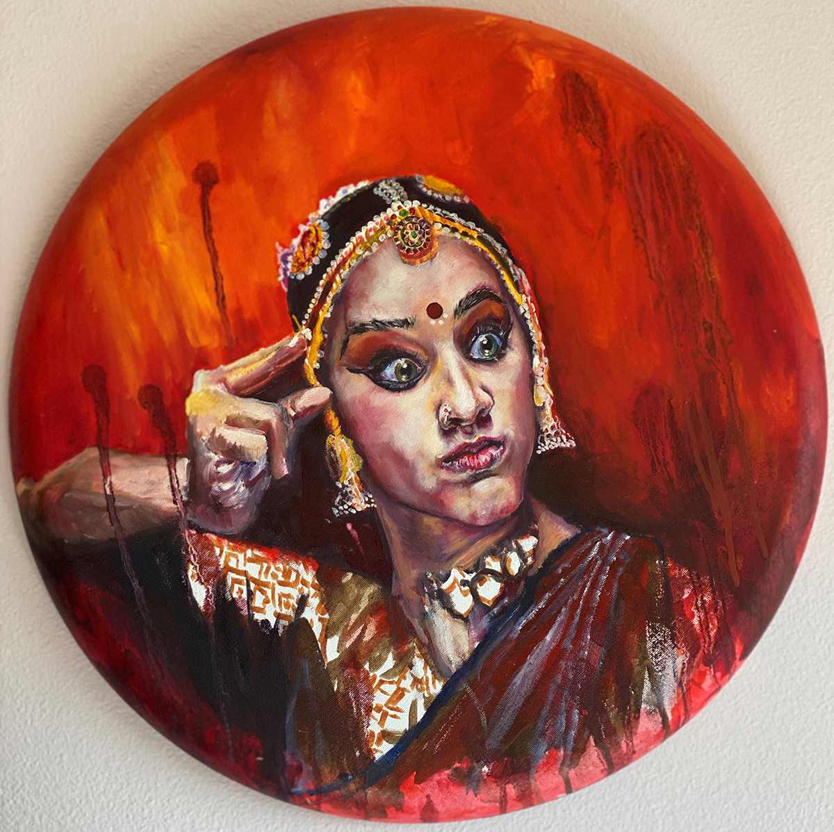 Jayashree Krishnan | Seeing Red | Oil on canvas | 20″ diameter | $900