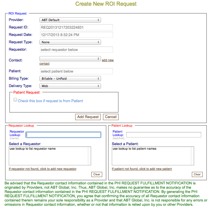 ROI+ Create a new Request