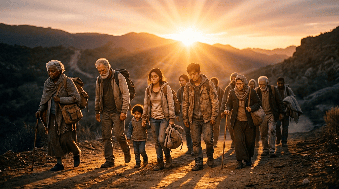 A diverse group of hikers walking on a dirt path in mountainous area at sunset.