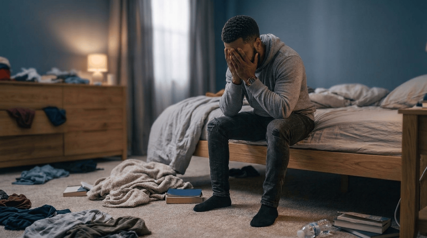 Young person sitting cross-legged on floor with head in hands in messy bedroom