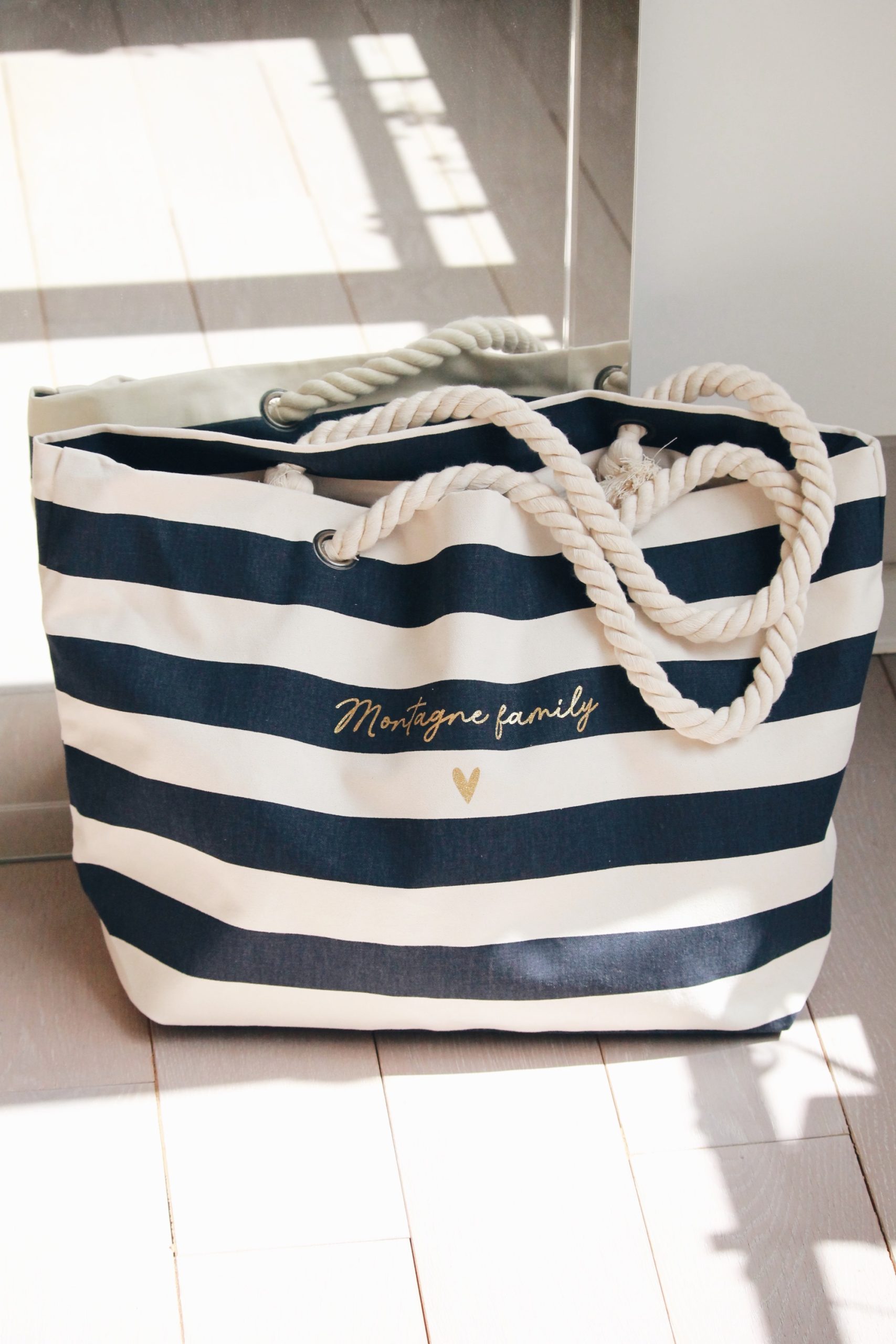 Sac de plage personnalisé famille texte doré