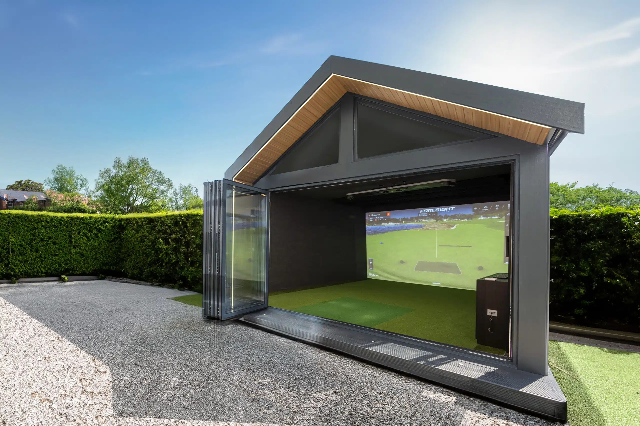 Golf simulator man cave shed