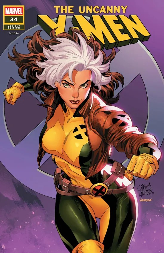 Variant comic book cover for Uncanny X-Men #34 featuring Rogue in her classic yellow-and-green X-Men uniform and brown jacket, with her distinctive white-streaked brown hair. She stands in a dynamic fighting pose with clenched fists against a purple background featuring the X-Men logo.
