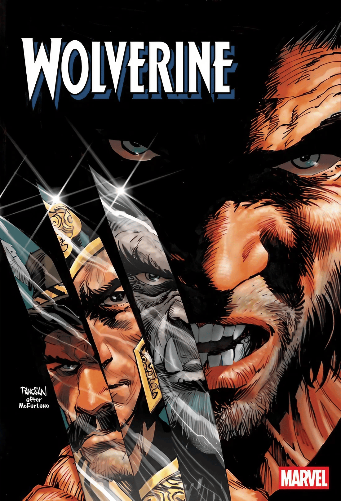 Close-up comic book cover illustration of Wolverine from Marvel Comics, featuring his face split by three gleaming adamantium claws reflecting different characters, with the "WOLVERINE" title at the top.