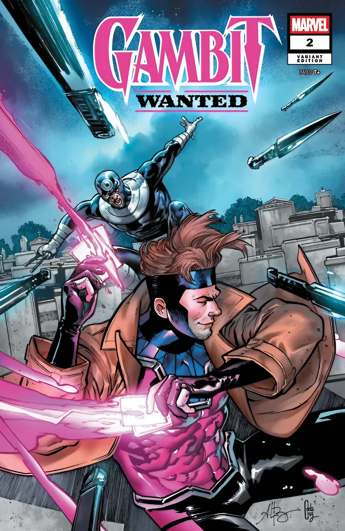 Gambit: Wanted #2 Marvel comic cover featuring Gambit using his charged playing cards while Bullseye attacks from above in a dramatic cemetery battle.
