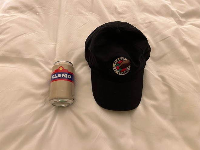 Hulu Animayhem SDCC 2026 SWAG: Planet Espresso hat and can of Alamo