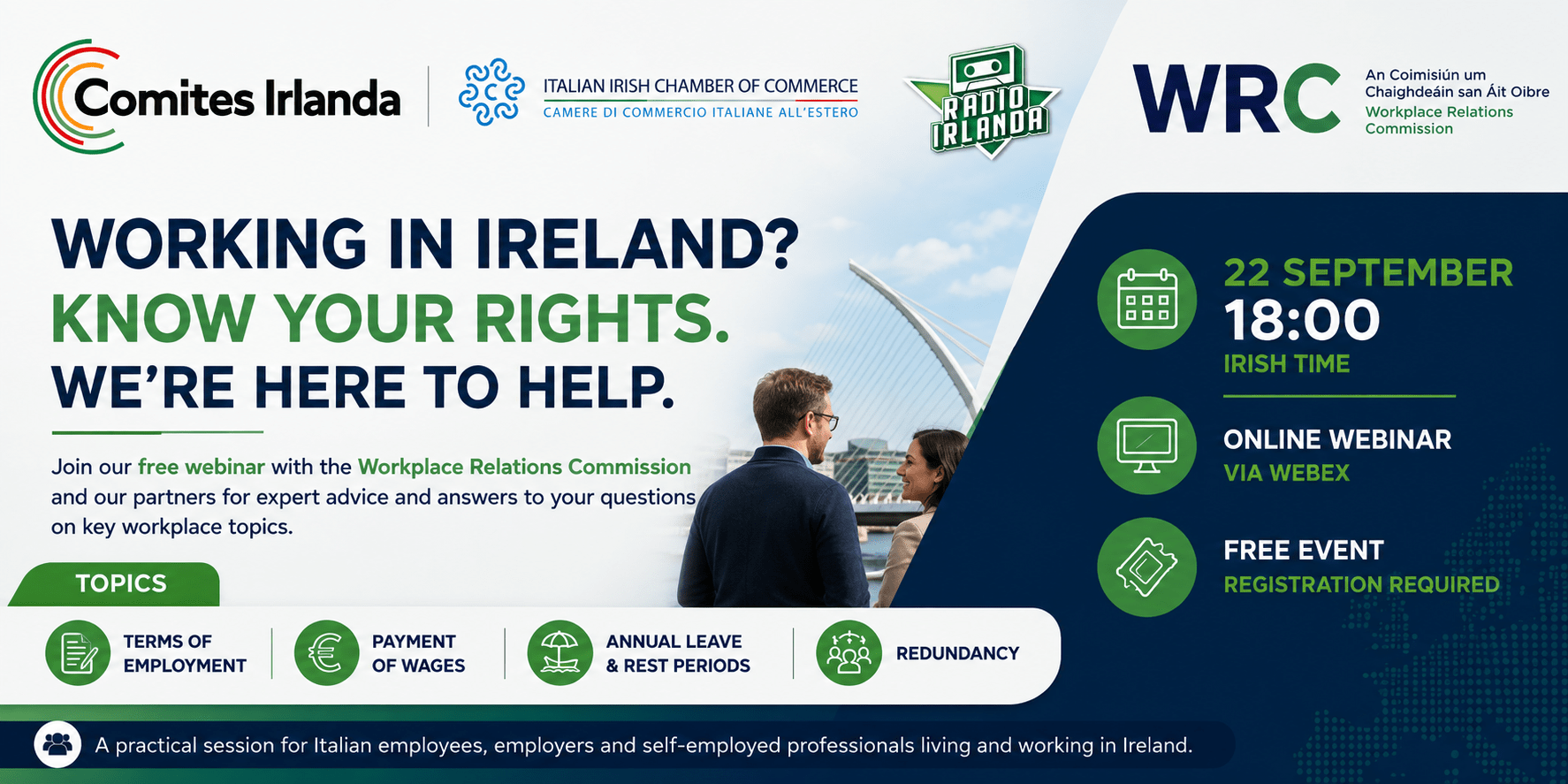 Webinar sui diritti del lavoro in Irlanda con la Workplace Relations Commission, COMITES Irlanda e partner italiani