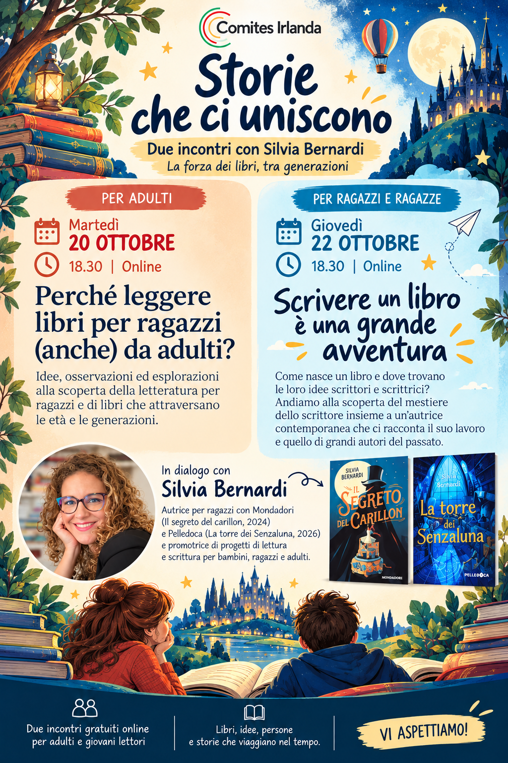 Locandina Storie che ci uniscono: due incontri online con Silvia Bernardi il 20 e 22 ottobre, Comites Irlanda