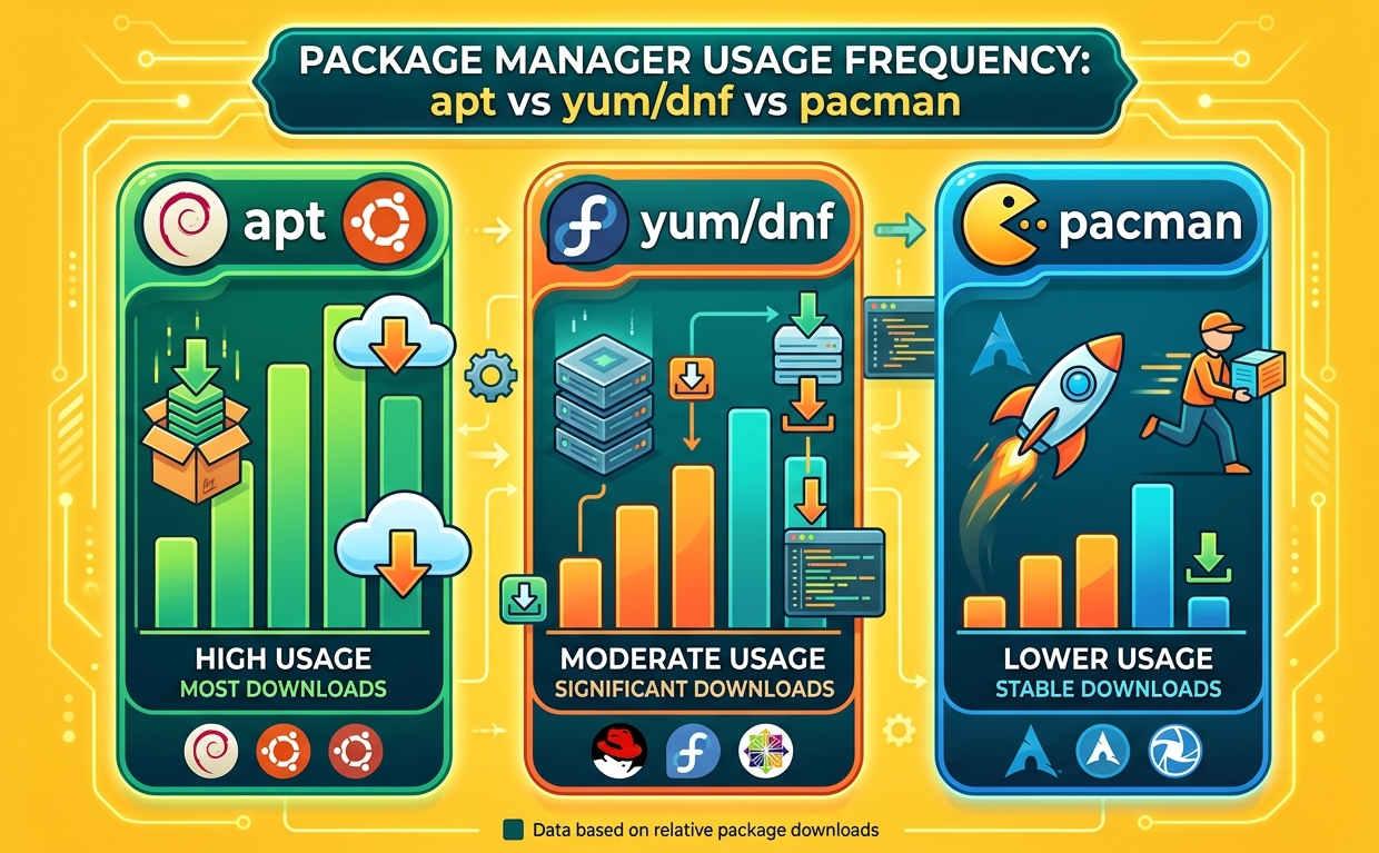 APT Vs YUM DNF Vs Pacman Download Statistics 2026 Data Package Manager Usage Frequency Apt Vs Yumdnf Vs Pacman Downloads 