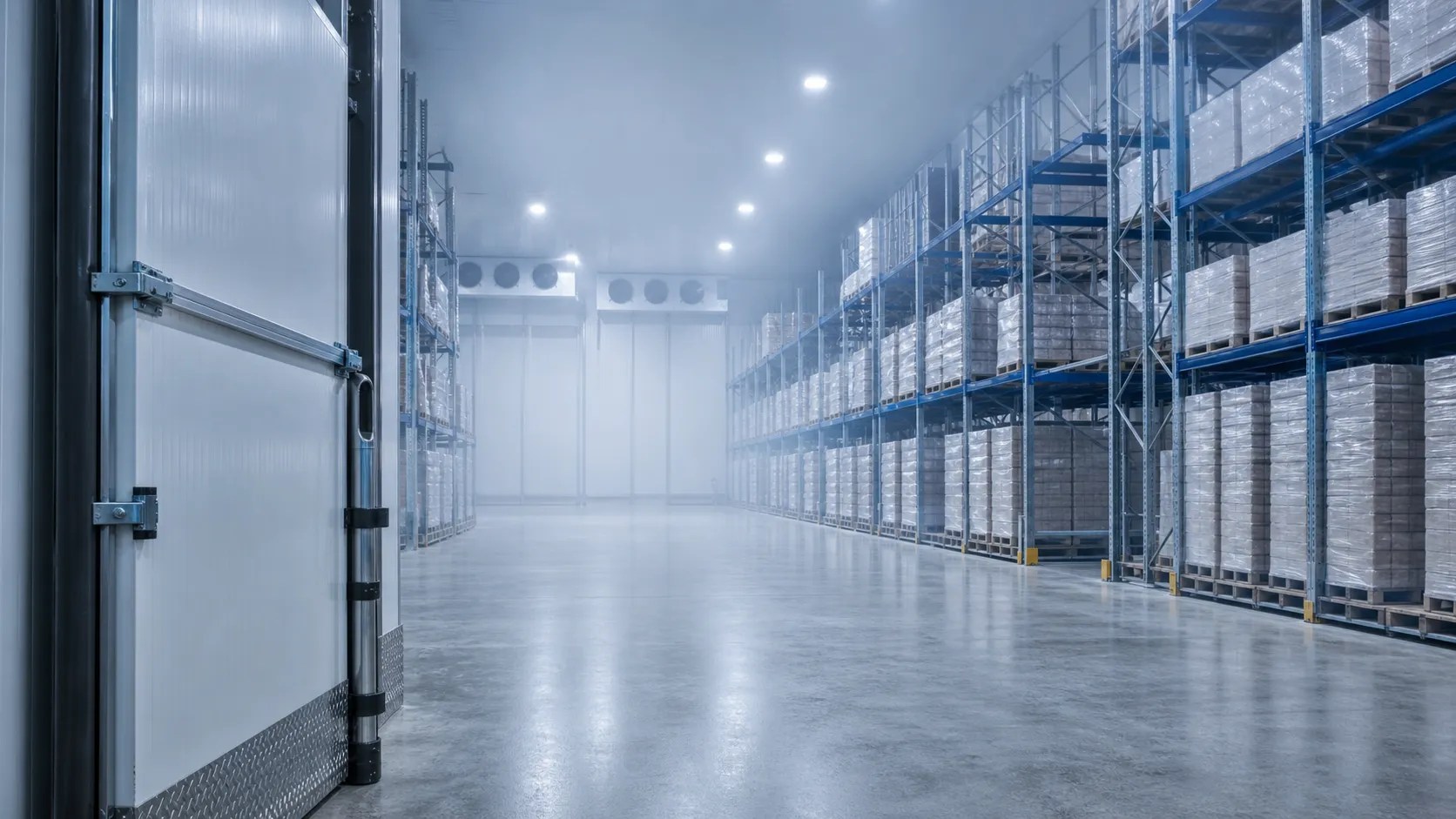 Interior of a refrigerated warehouse with tall pallet racking and an insulated freezer door.