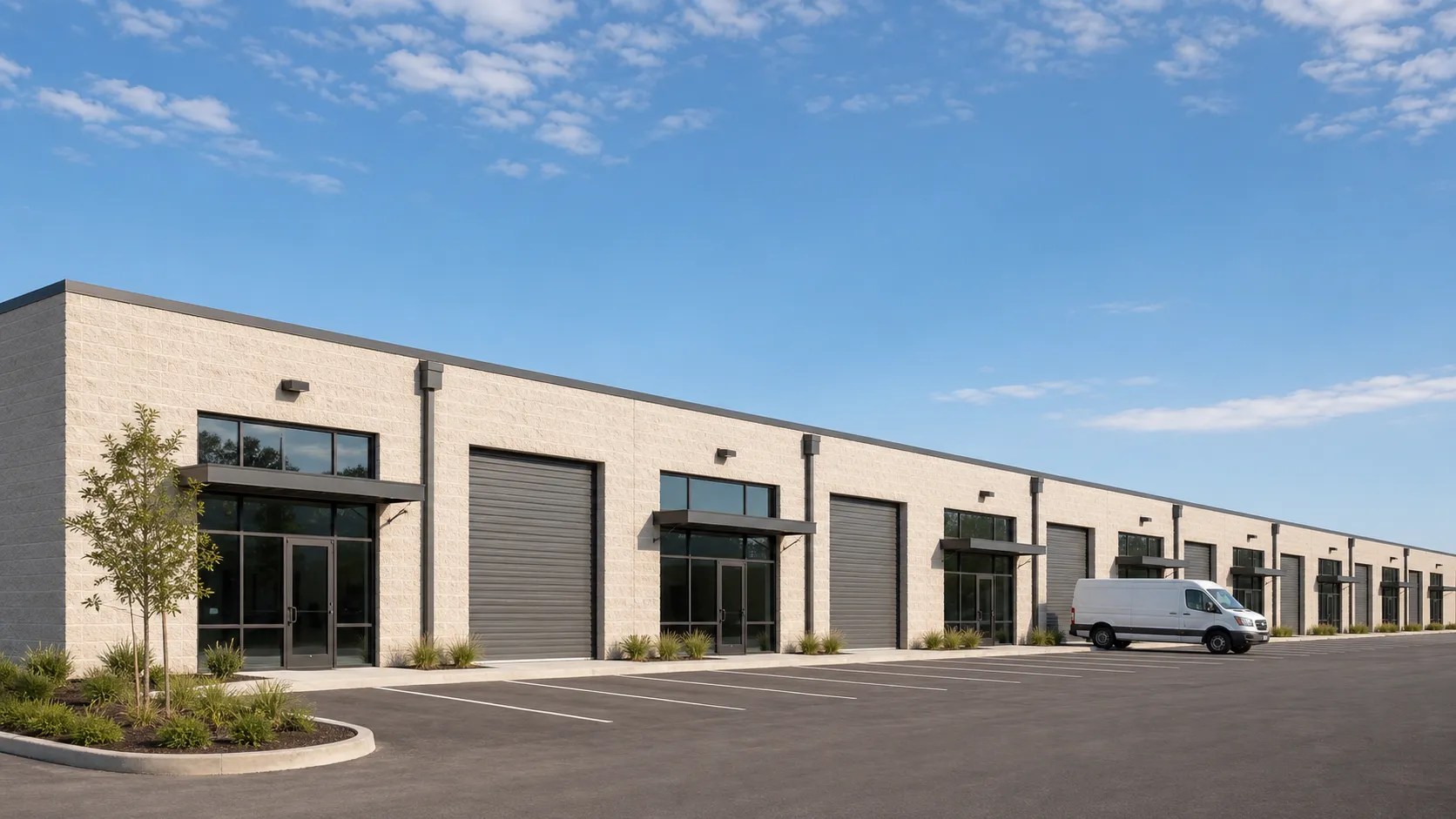 Row of flex industrial units with glass office entrances beside roll-up doors and a work van parked in front.
