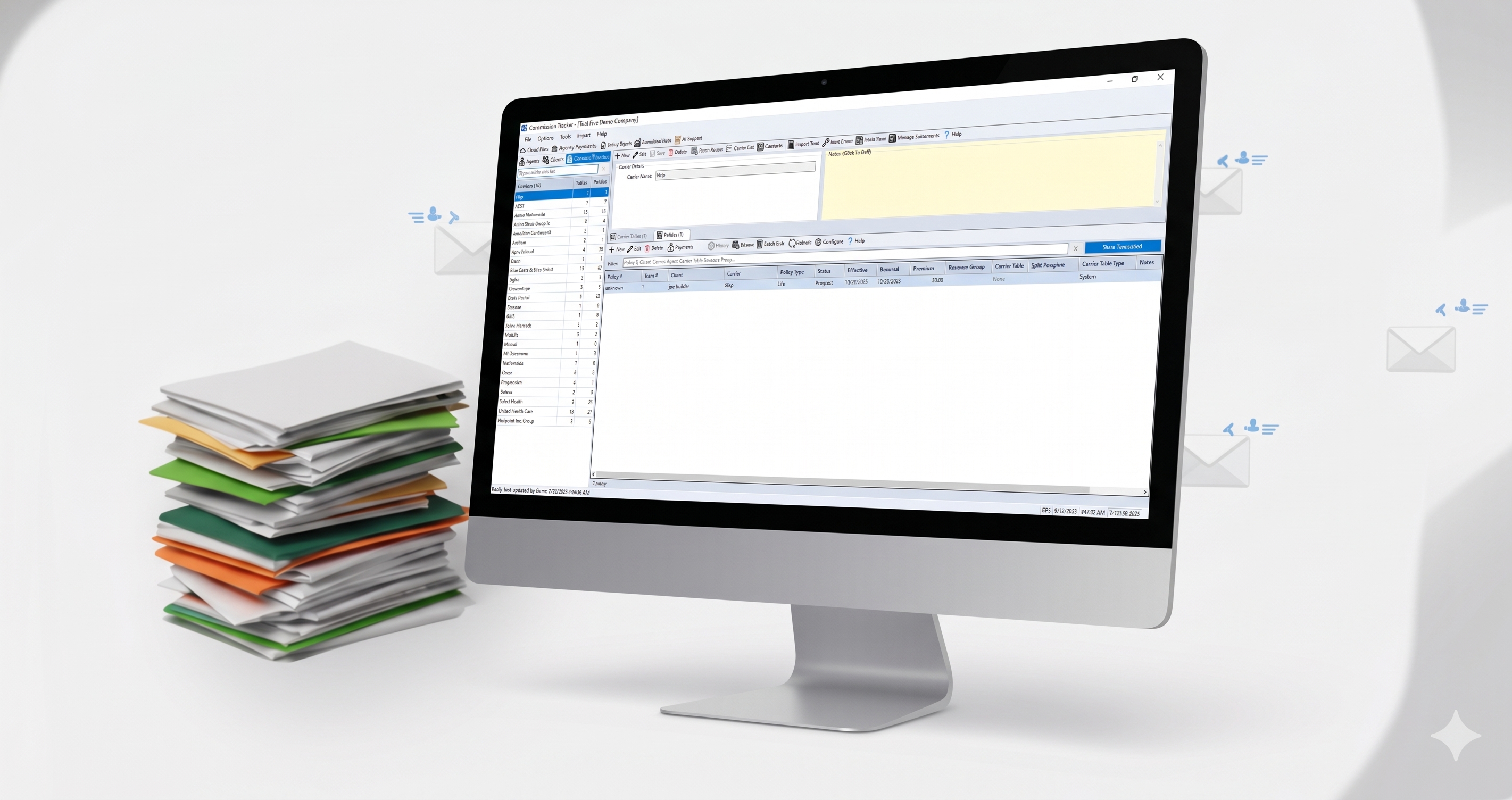 stack of carrier statements ready to be inported into commisison tracker software as seen on the computer screen