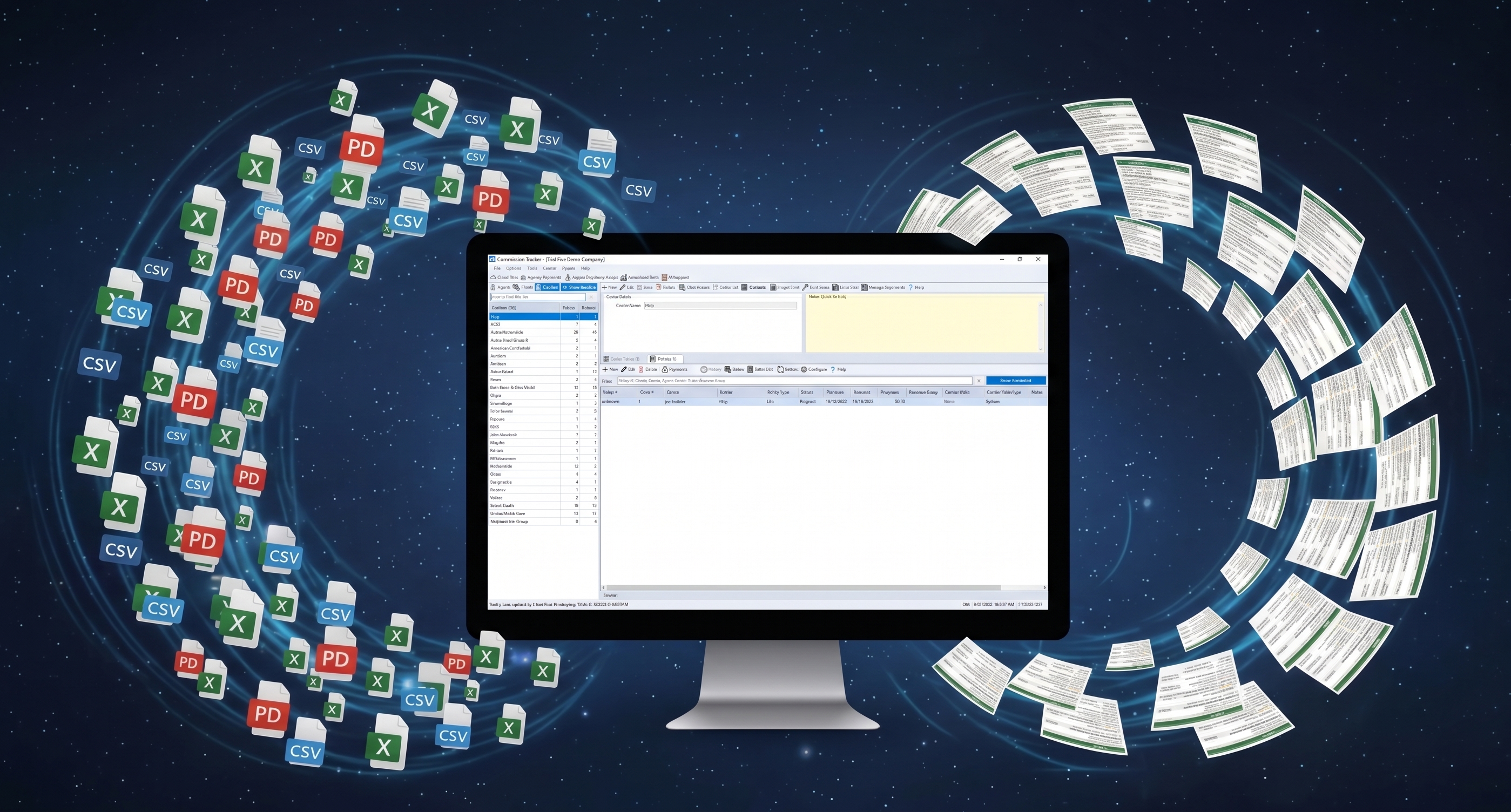 the flow process of commisison tracker pdf excel and csv files flying into the software and then the reports shooting out