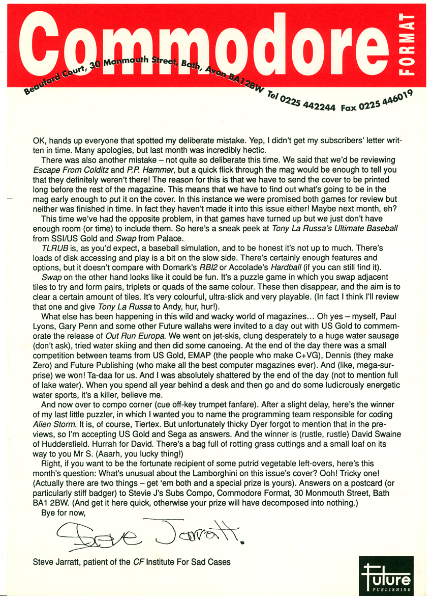 SUBS LETTER, CF13. October 1991. Steve says sorry for not getting a subs letter out with copies of CF12. And he fesses up to a clanger on the cover, too. Note his signature this month. Pisstaker...
