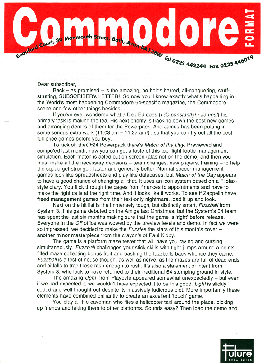SUBS LETTER, CF24. September 1992. Trenton Webb tells readers what an amazing summer it's been for the C64.