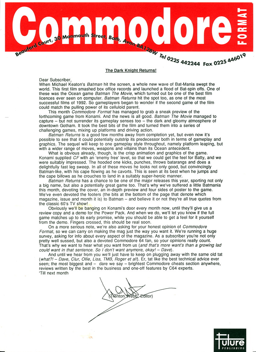 SUBS LETTER, CF30. March 1993. Commodore Format gives the front cover to a game that will never be released.