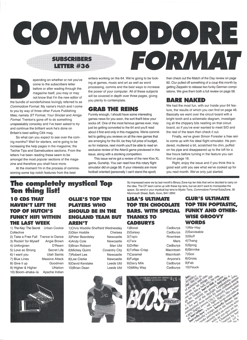 SUBS LETTER, CF36. September 1993. Andy "Hutch" Hutchinson becomes Commodore Format's fourth editor! Trenton's moved off to new Nintendo title Game Zone.