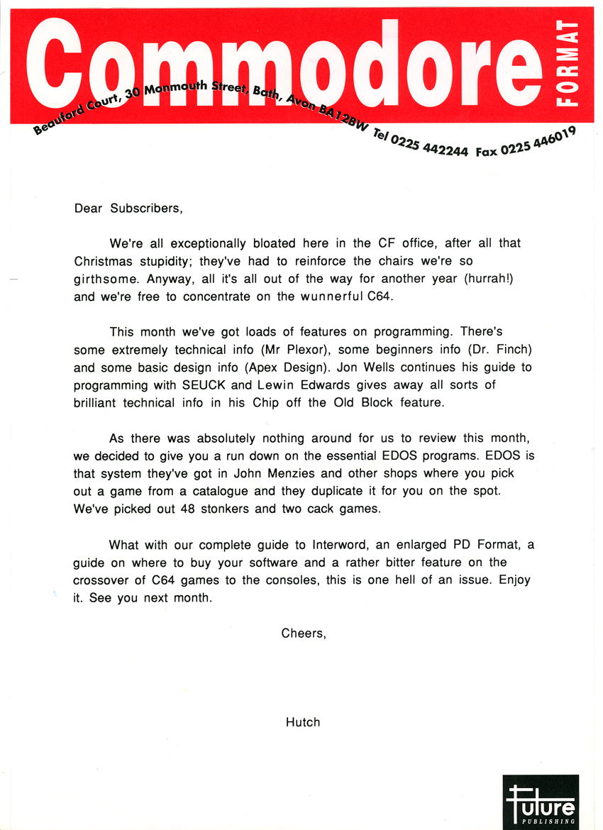 SUBS LETTER, CF41. February 1994. There's a complete guide to Power Pack utility Interword this month - a word processor previously only available on disc. Unfortunately it becomes apparent when readers try to use the damned thing from tape that they can't, er, save anything. D'oh!
