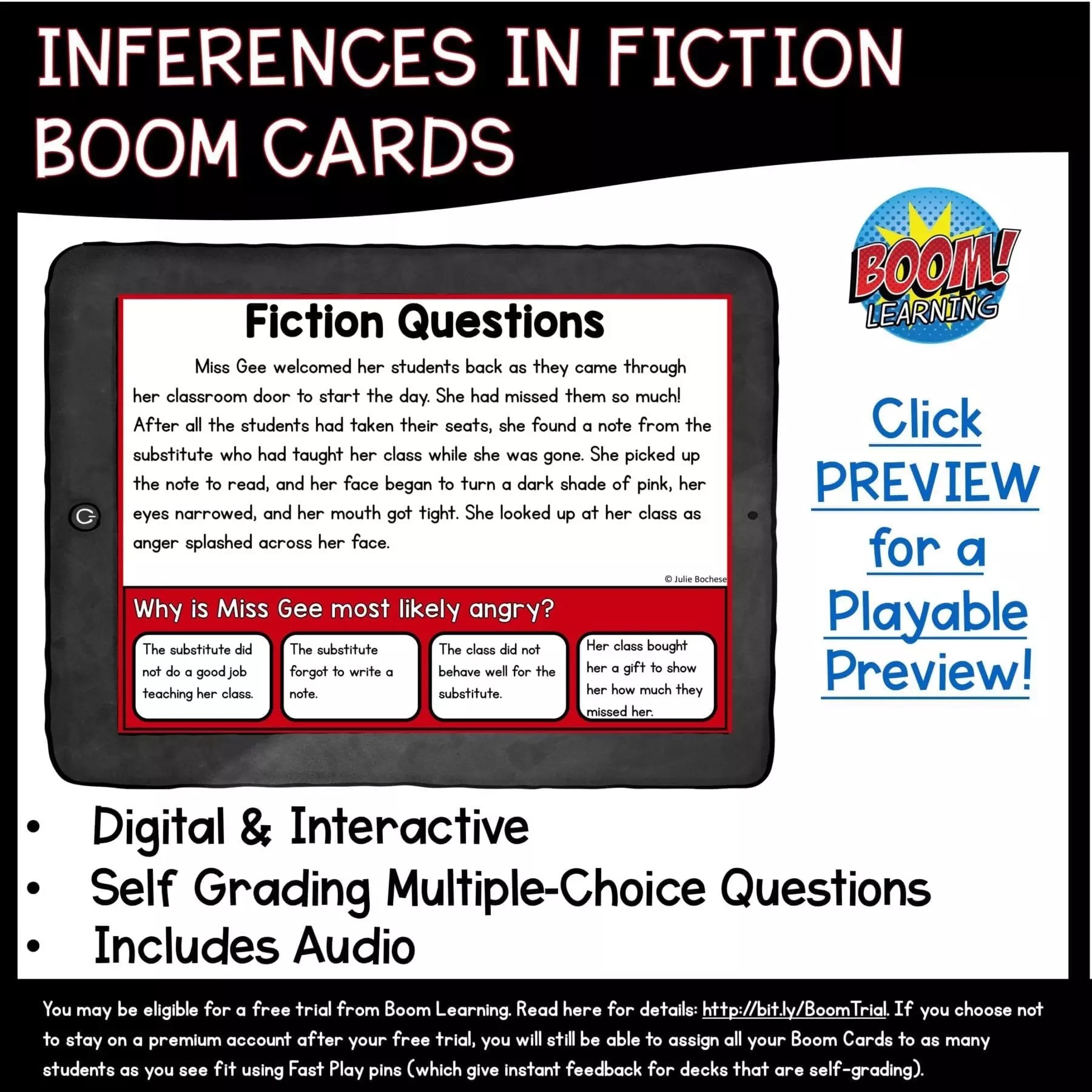 Inferences In Fiction Distance Learning Boom Cards 4th 5th Grade
