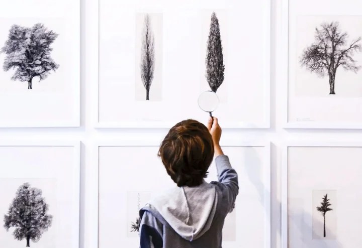 L’Architettura degli Alberi 倫敦展覽現場，一名孩童觀看牆上的樹木圖稿
