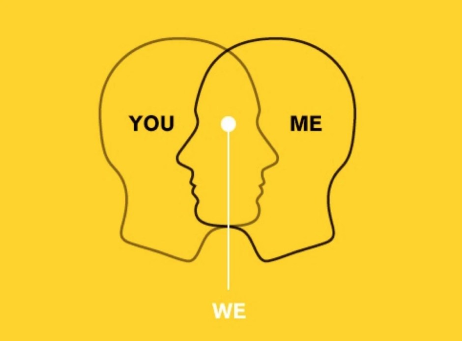 A picture of two silhouettes of people's heads facing each other and overlapping, like a Venn diagram. The first head is labelled 'You', the second head is labelled 'Me, and the overlap is labelled 'We'.