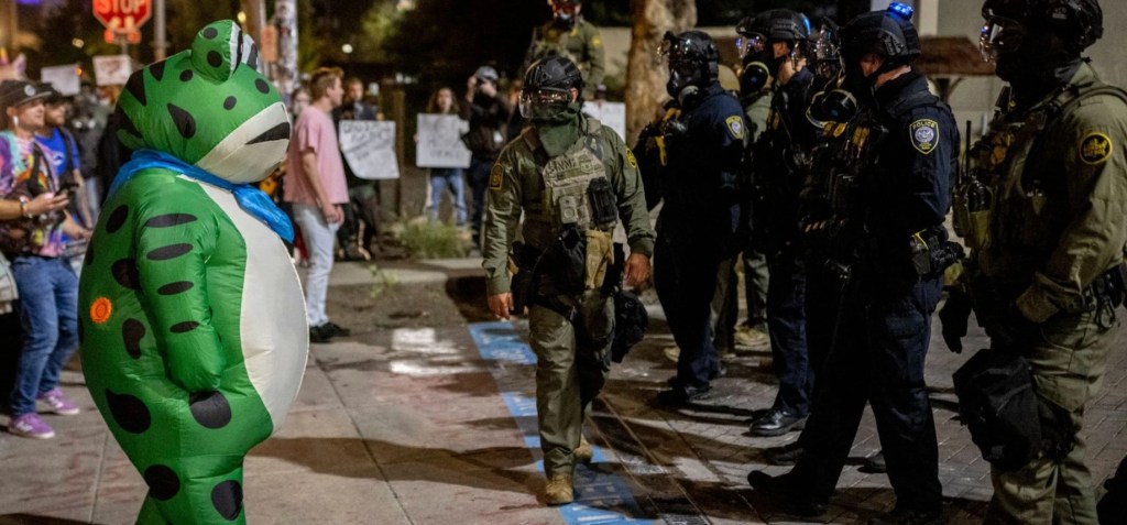 A photograph from a protest shows a protester in an inflatable frog costume facing a row of armed police.