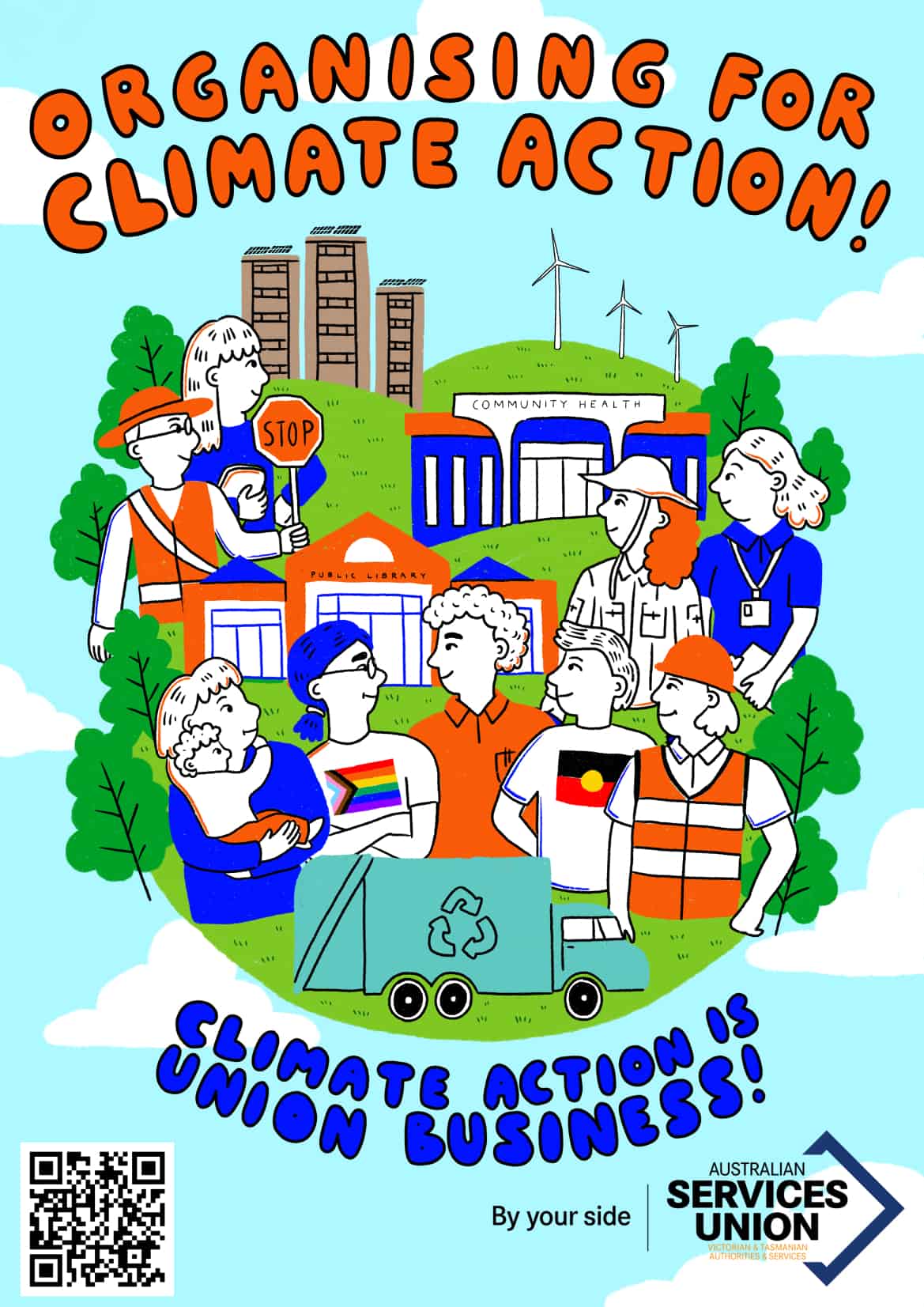 Poster reading Organising for Climate Action. Climate Action is Union Business. Has an illustration of various workers and workplaces.