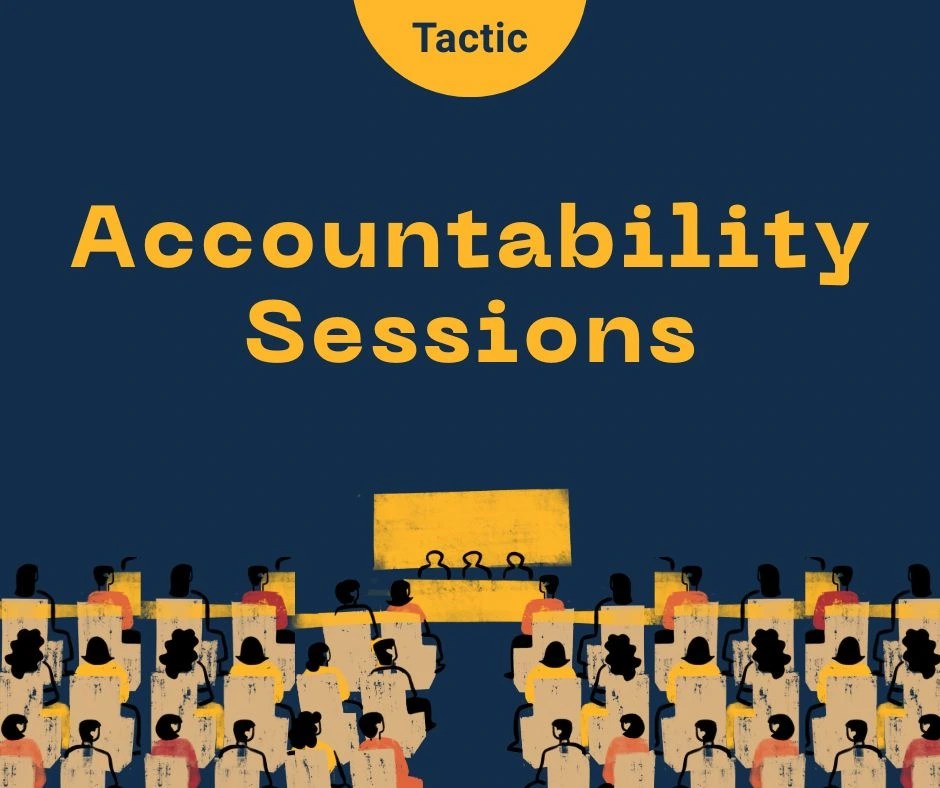 Title reads 'Accountability sessions'. At the top in yellow semi-circle text reads 'Tactic'. Illustration of a group of people sitting in chairs facing a stage with three people sitting on the stage.