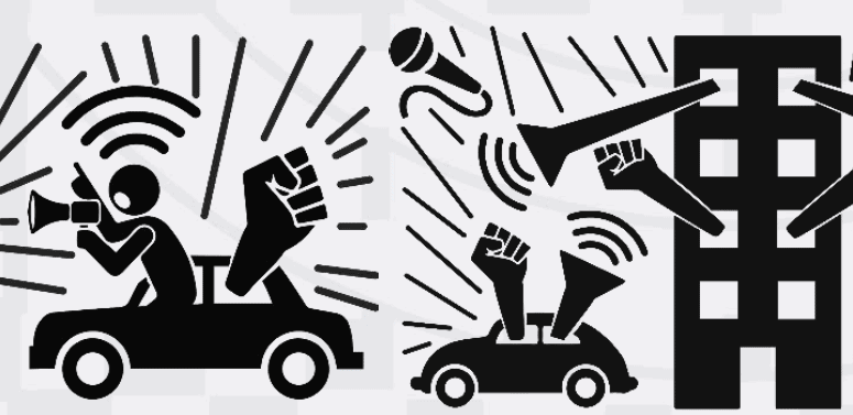 Black and white cartoon drawing depicting actions during social distancing. A person leans out of a car talking through a loud hailer, fists poke out of an apartment building, there are sound lines depicting music.