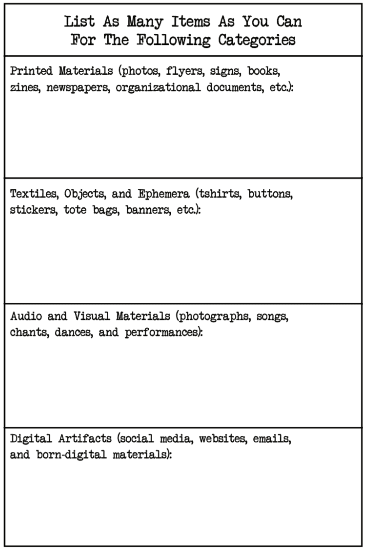 Table with the following text broken up into the title and then four different boxes. 'List As Many Items As You Can For The Following Categories Printed Materials (photos, flyers, signs, books, zines, newspapers, organizational documents, etc.): Textiles, Objects, and Ephemera (tshirts, buttons, stickers, tote bags, banners, etc.): Audio and Visual Materials (photographs, songs, chants, dances, and performances): Digital Artifacts (social media, websites, emails, and born-digital materials)'.