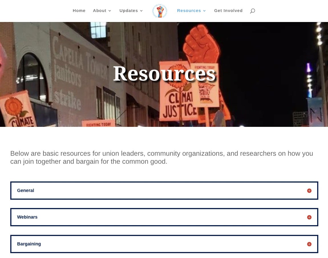 screenshot of the website - https://www.bargainingforthecommongood.org/resources/ Title reads 'Resources'. There is a top image with a photo of banners related to climate justice. Underneath image is text.