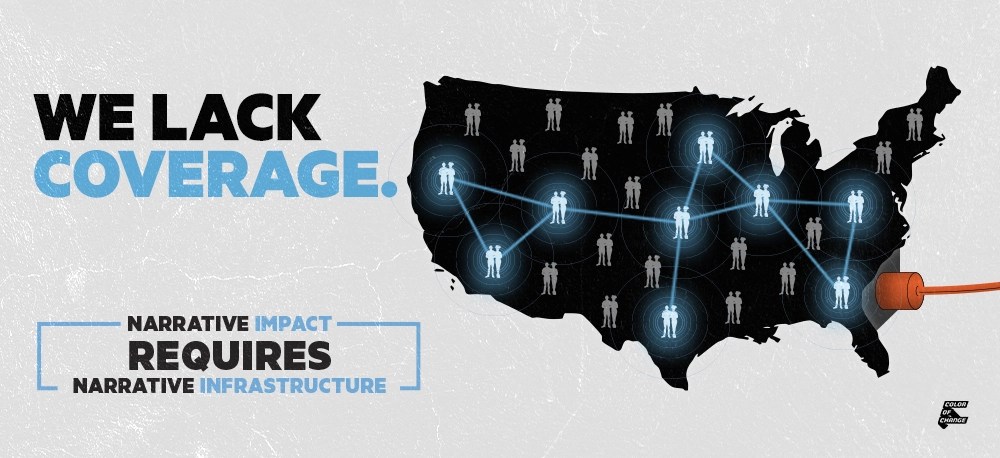 Title reads "We Lack Coverage. Narrative impact requires Narrative Infrastructure". Map of America with multiple nodes of people connected by lines across America. On the bottom right is a red stick pushing in the land. Logo of Color of Change is in bottom right.