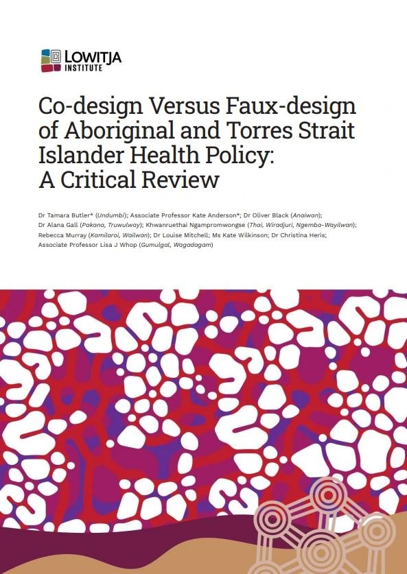 Cover of a report entitled Co-design versus Faux Design which has Indigenous art on it.