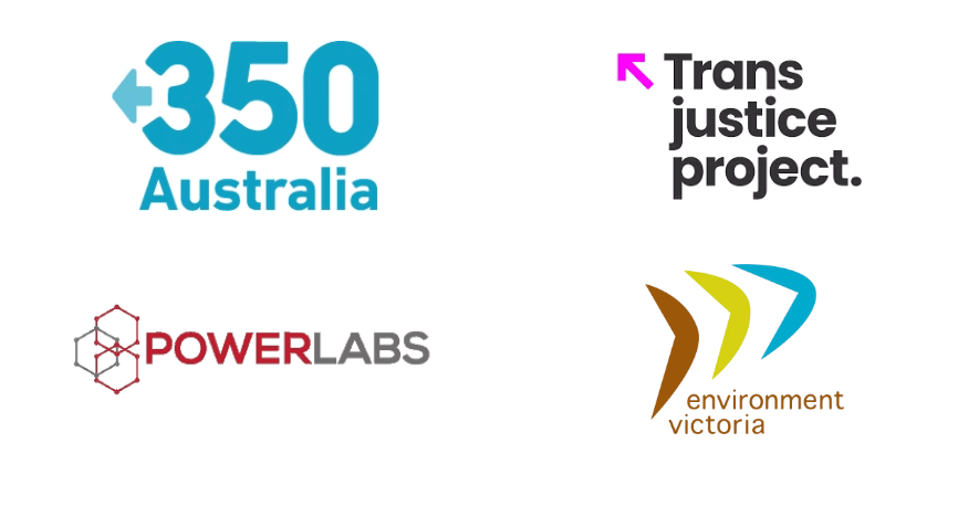 Logos of organisational supporters of The Commons: 350 Australia, Trans Justice Project, PowerLabs, Environment Victoria.