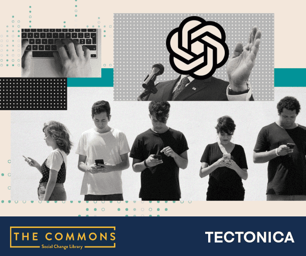 3 photos - Top left hand corner close up of fingers typing on computer keyboard, top right is a person in a business suit speaking into a microphone and their head has been covered with an abstract shape, the photos on the bottom is a row of people all looking at their mobile phones. The logos for The Commons Library and Tectonica are on the bottom.