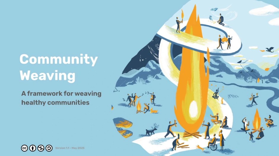 Homepage for the Community Weaving Project which has a drawing of a flame, pathways and people