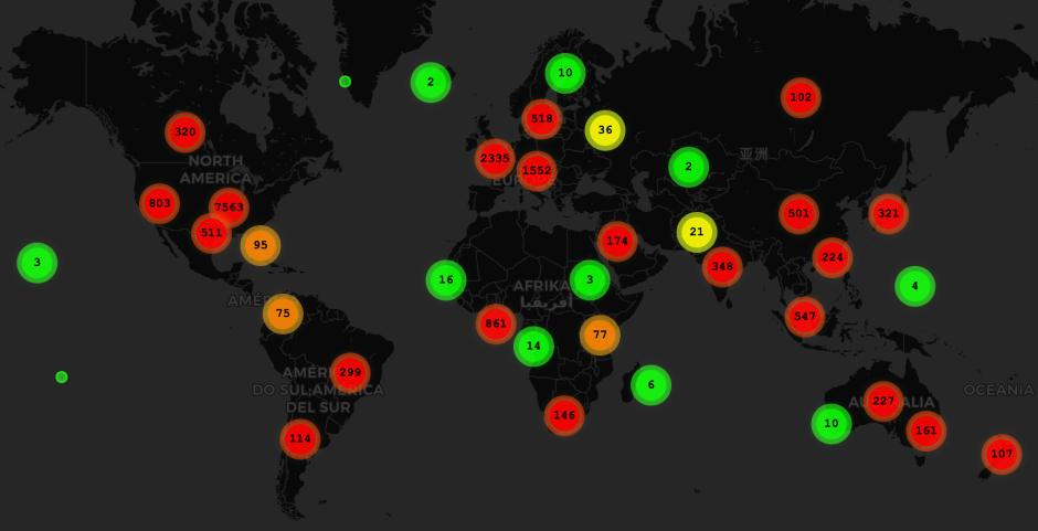 A world map with coloured circles indicating the location of data centres.