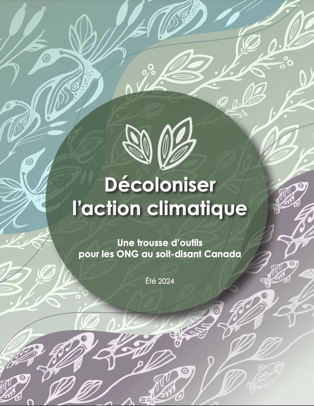 Report cover - Title reads 'Décoloniser l'action climatique : Une trousse d'outils pour les ONGE du soi-disant Canada'. Illustration of fish, plants and ducks.