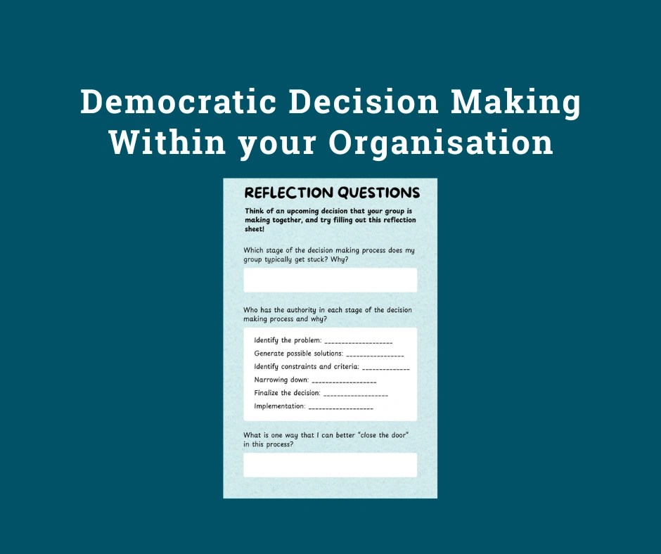 Title reads "Democratic Decision Making Within your Organisation". A sheet with parts to fill in titled "Reflection Sheet".