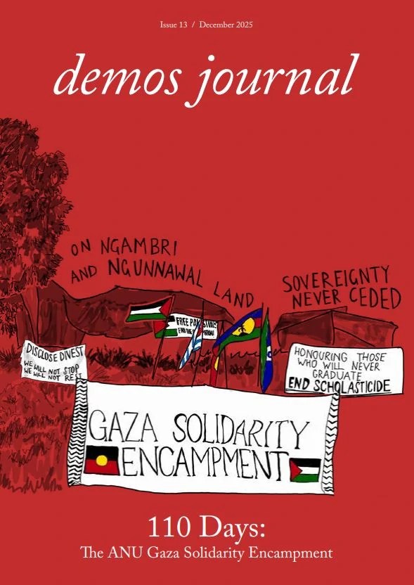 The front cover of Demos journal which features a cartoon of the ANU encampment for Gaza
