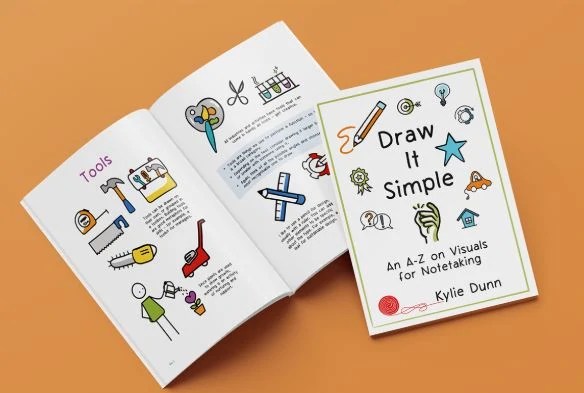 The book cover for Draw It Simple as well as some open pages showing drawings