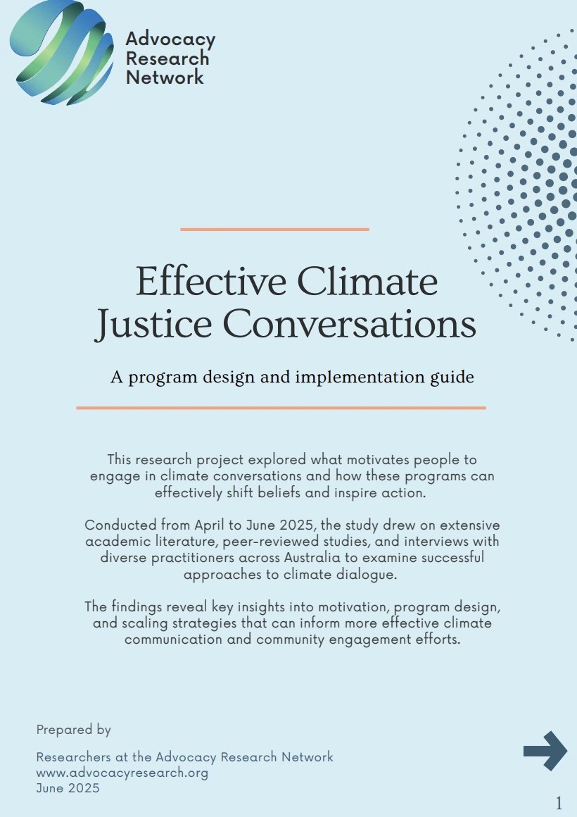 Report cover - title reads 'Screenshot of page from research report titled 'Effective Climate Justice Conversations A Comprehensive Research Report".