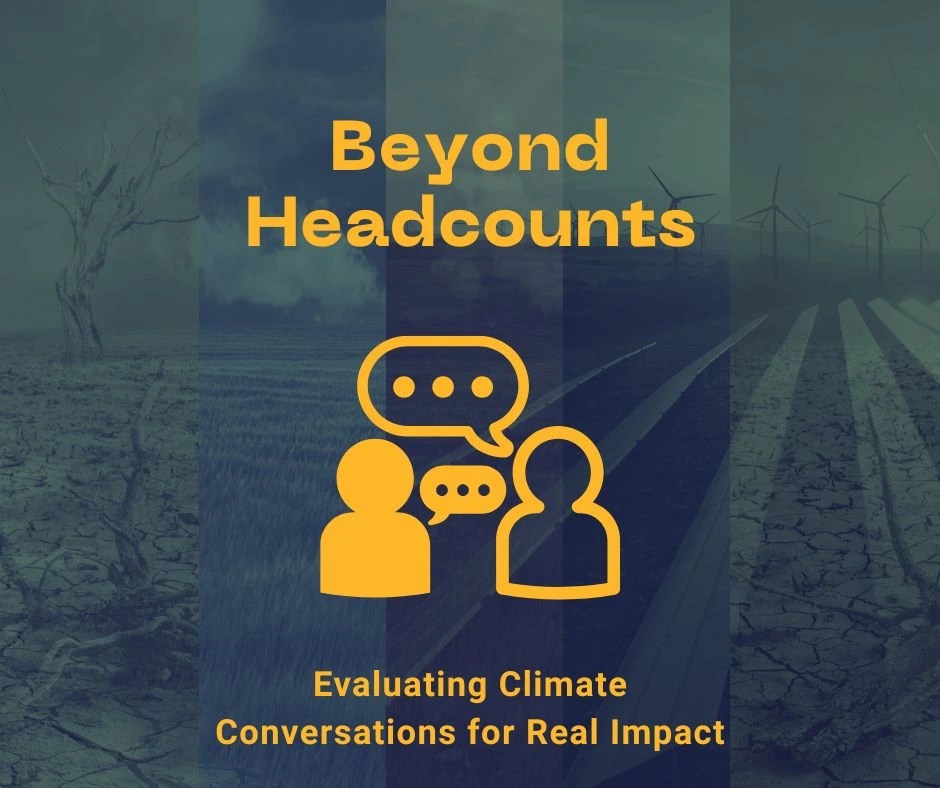 Title reads 'Beyond headcounts: Evaluating climate conversations for real impact'. Icon of two people with speech bubbles. Background image is a collage of photos with dried cracked earth and windfarms.