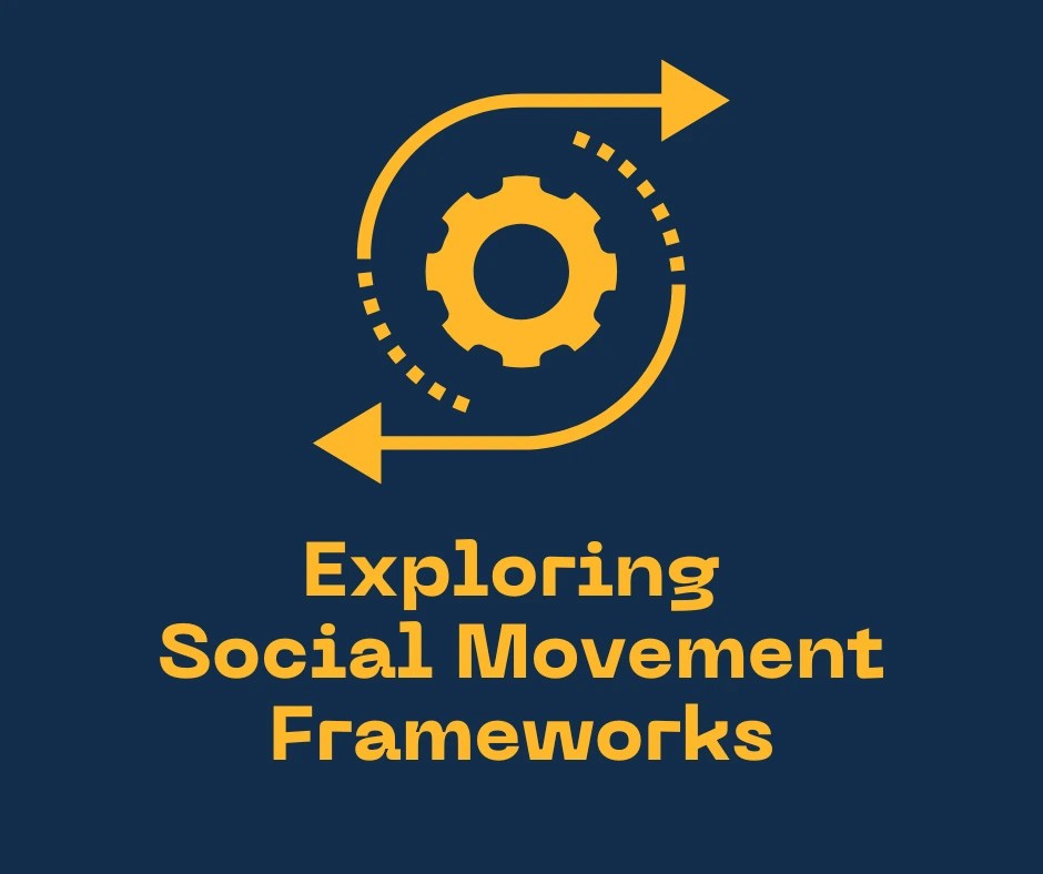 Title reads 'Exploring social movement frameworks'. Graphic of a cog with two arrows circling it.