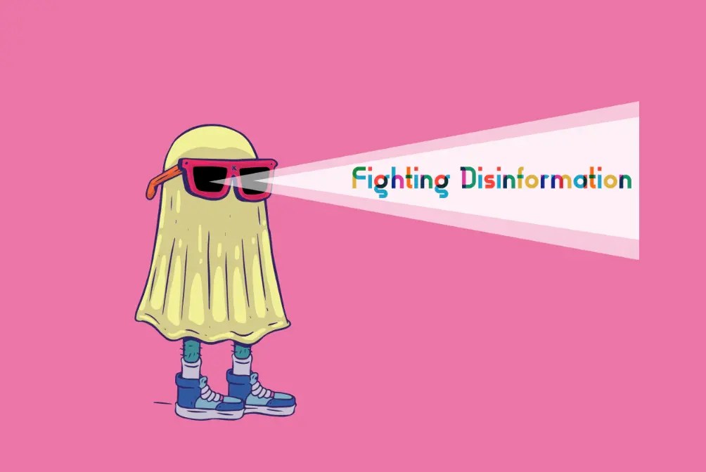 Screenshot of a course page titled 'Fighting Disinformation'. A person wearing a sheet covering and red sunglasses projecting out of their eyes with a beam of light the title.